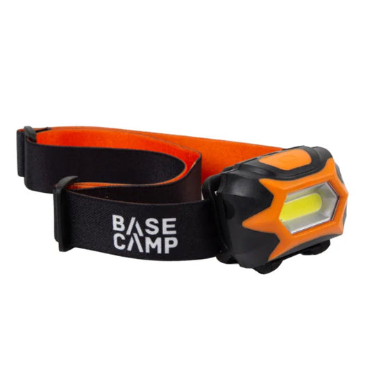 Orange and black headlamp with 'BASE CAMP' branding on a white background