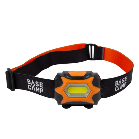 Orange and black headlamp with 'Base Camp' branding on a white background