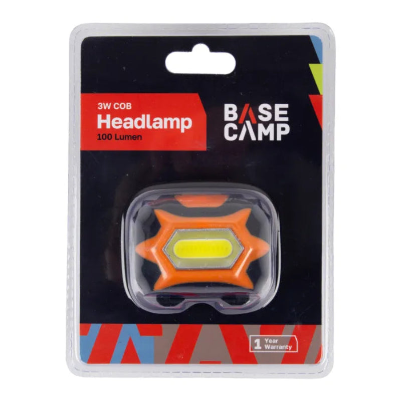 Base Camp 3W COB headlamp packaging on a white background