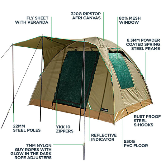 Camping tent with feature labels on a white background