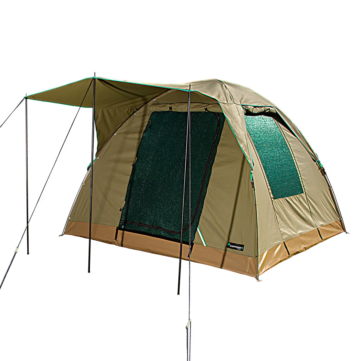 Brown and green camping tent with mesh door on a white background