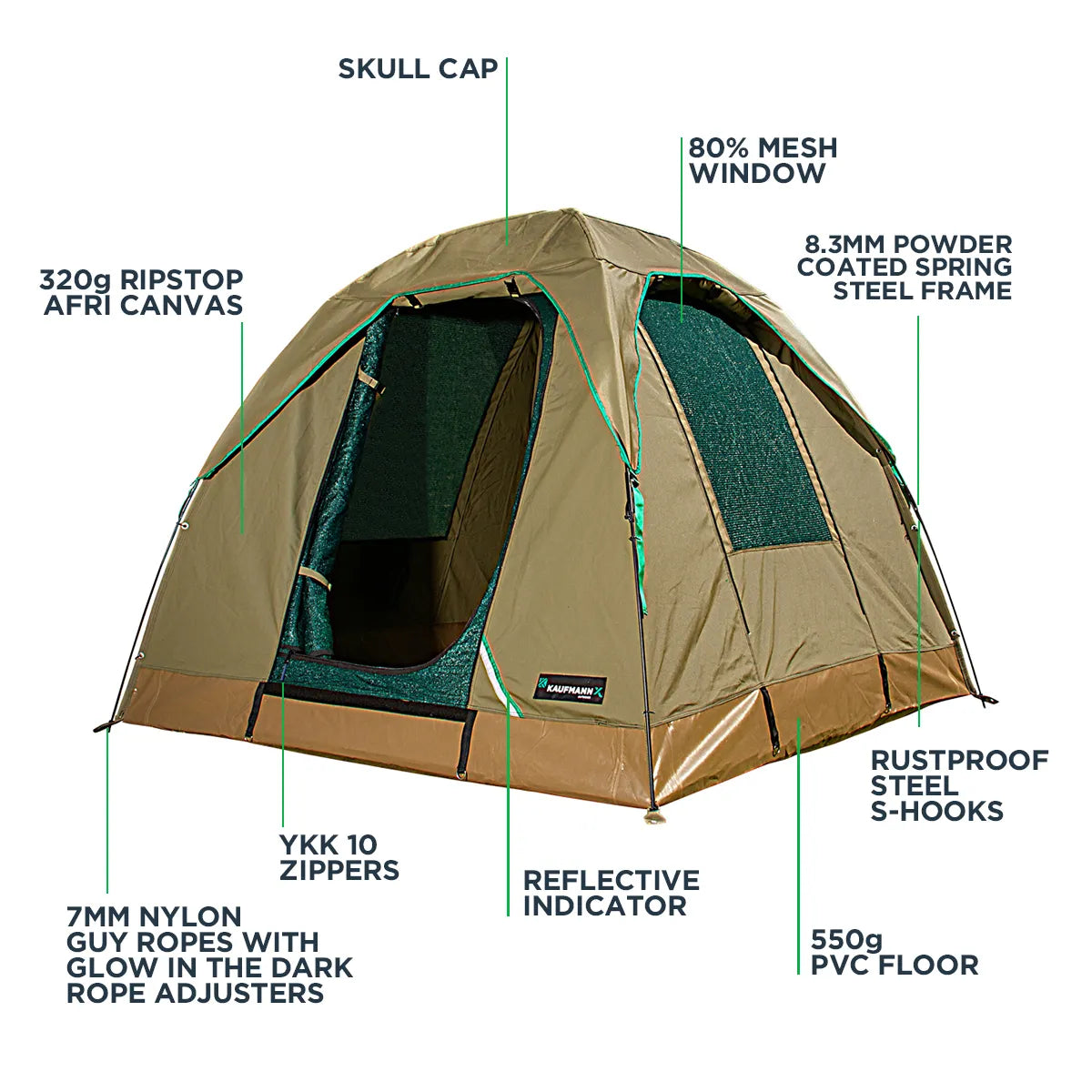 Camping tent with feature labels on a white background
