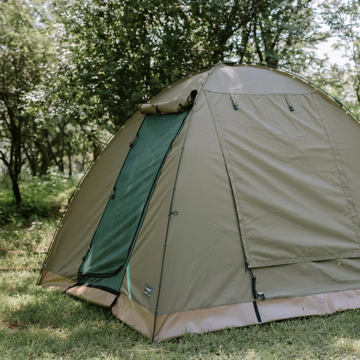 Green camping tent set up in a grassy area with trees in the background