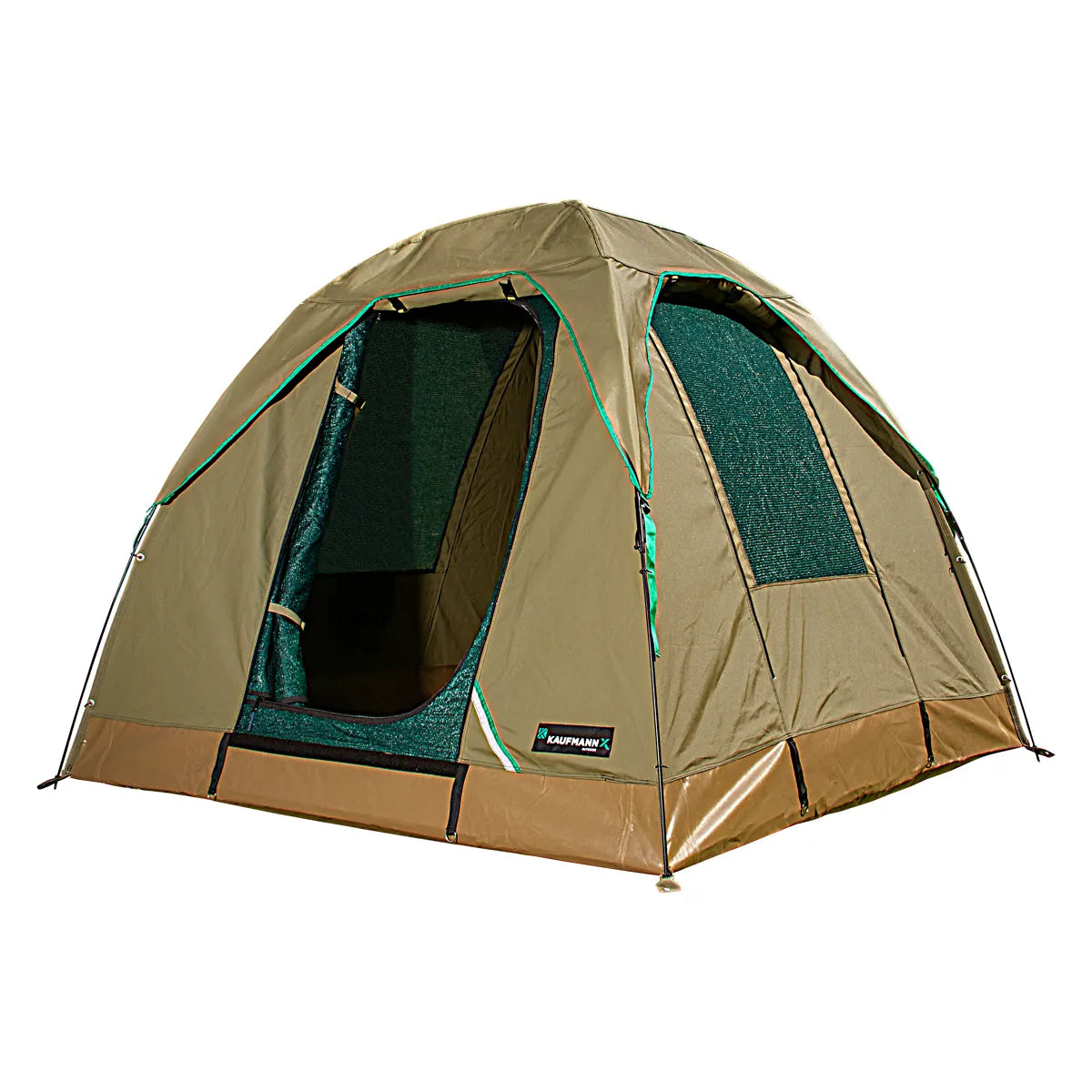 Green and brown tent with a visible brand logo on a white background