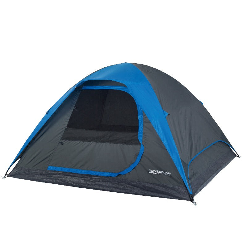 A Kookaburra 4 Person Dome Tent with blue trim, set up and standing upright.