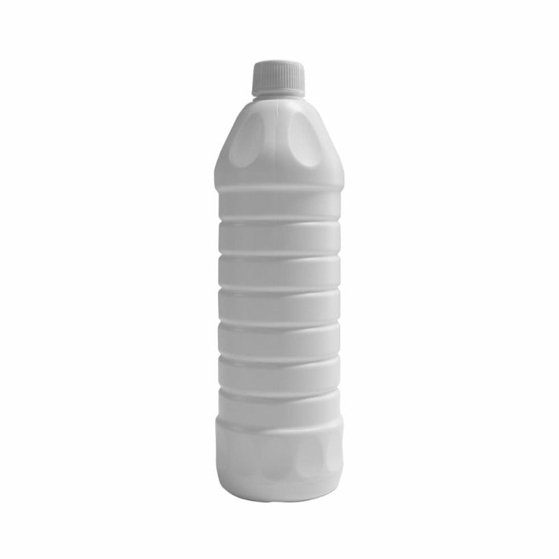 A single white empty janitorial bleach bottle with a ribbed design.