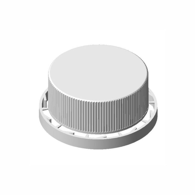 A white 38mm plastic cap designed for 5L jerry bottles.