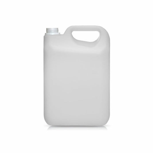 A 5L white HDPE jerry bottle with no cap or label.