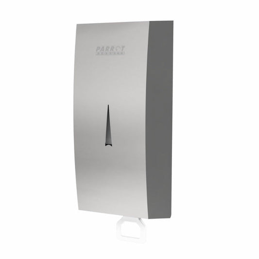 A silver stainless steel manual dispenser with a mirror finish, branded with the name 'Parrot'.