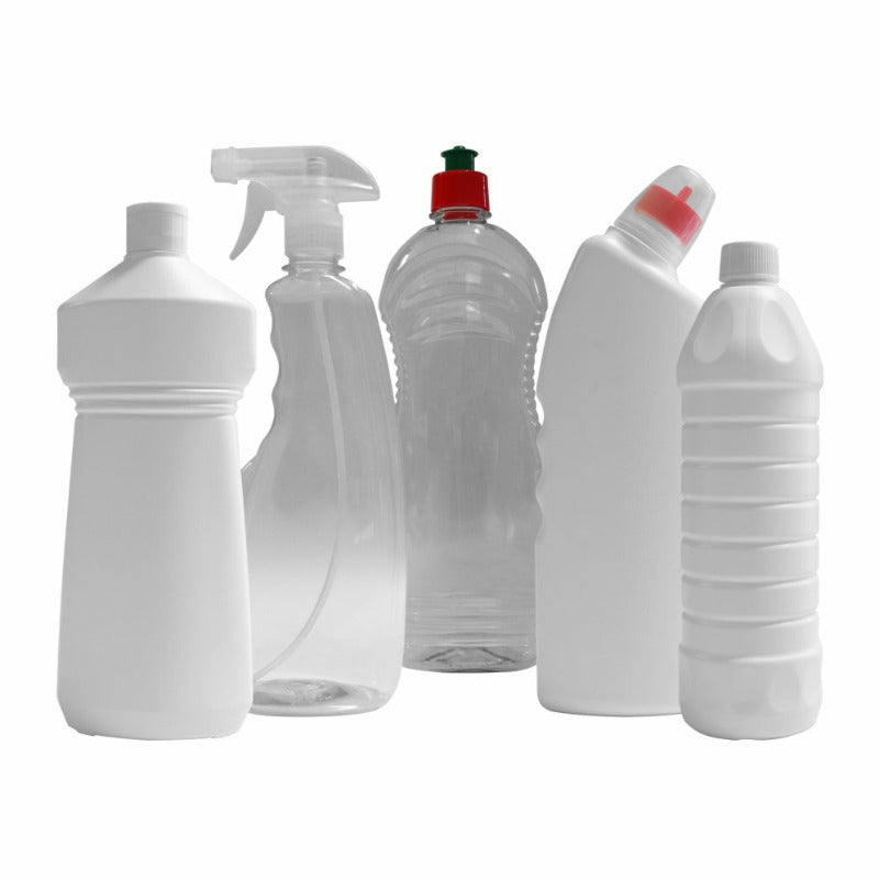 A set of five assorted empty janitorial bottles, including shapes for dishwashing liquid, all-purpose cleaner, window cleaner, bleach, and toilet cleaner.