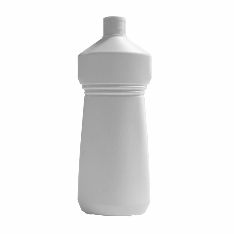 A white, empty 750ml Handy Kleen bottle designed for storing janitorial cleaning chemicals.
