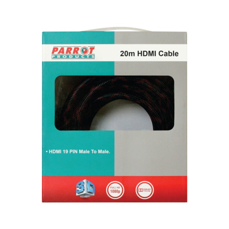 A packaged Parrot Braided HDMI Cable with red and black connectors visible, displayed in its retail packaging.