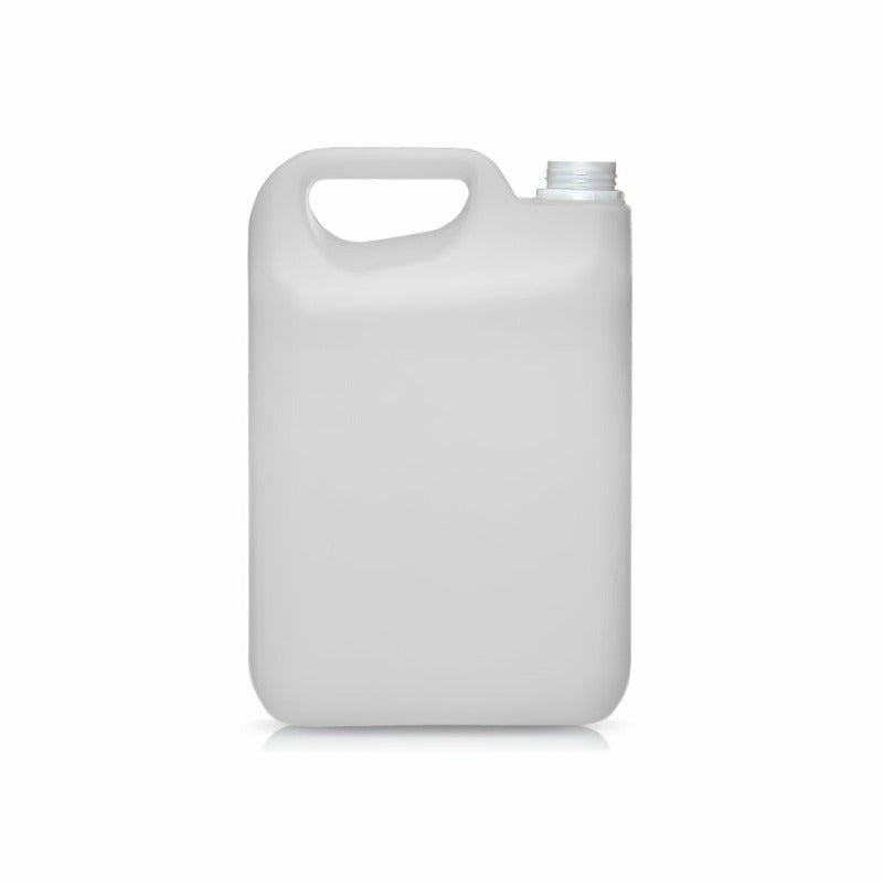 A 5L white HDPE jerry bottle with no cap or label.
