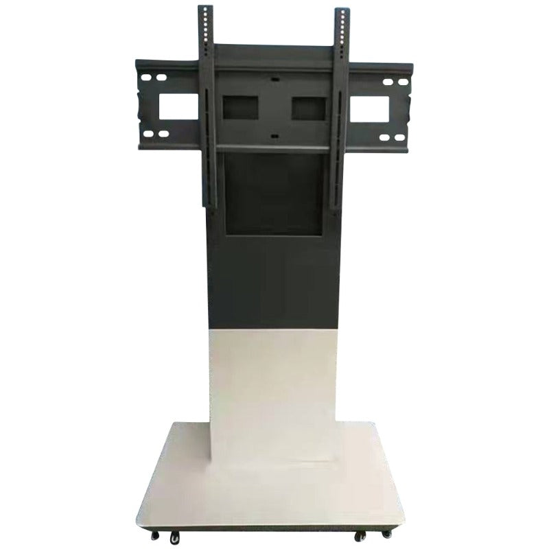 A black interactive touch panel stand with lockable steel castors, designed for mounting display panels.