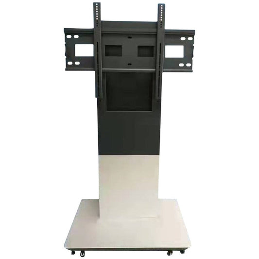 A black interactive touch panel stand with lockable steel castors, designed for mounting display panels.