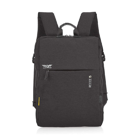 A black Armaggeddon Recce 15 inch lifestyle backpack with a front pocket and adjustable straps.