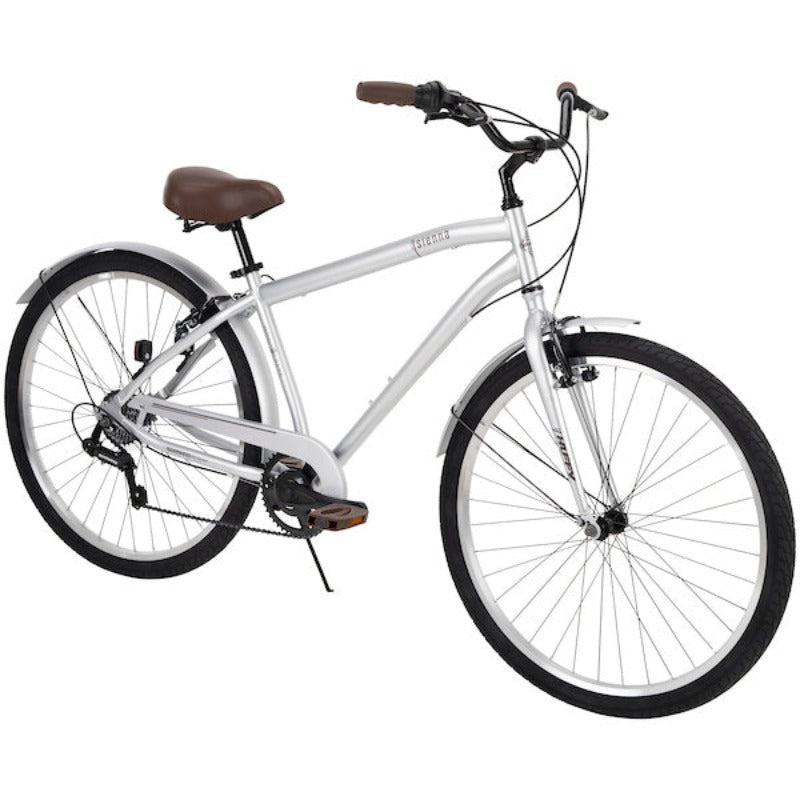 A silver Huffy Sienna Mens 7-Speed Cruiser Bicycle with a brown saddle and black handlebar grips.