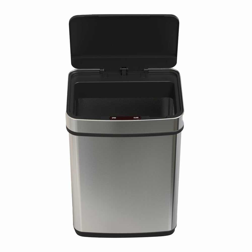 A silver stainless steel touchless bin with a black lid, featuring an infrared sensor and automatic lid opening and closing.