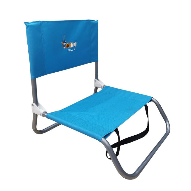 A blue AfriTrail Gull folding beach chair with a seagull design, featuring a metal frame and fabric seating.