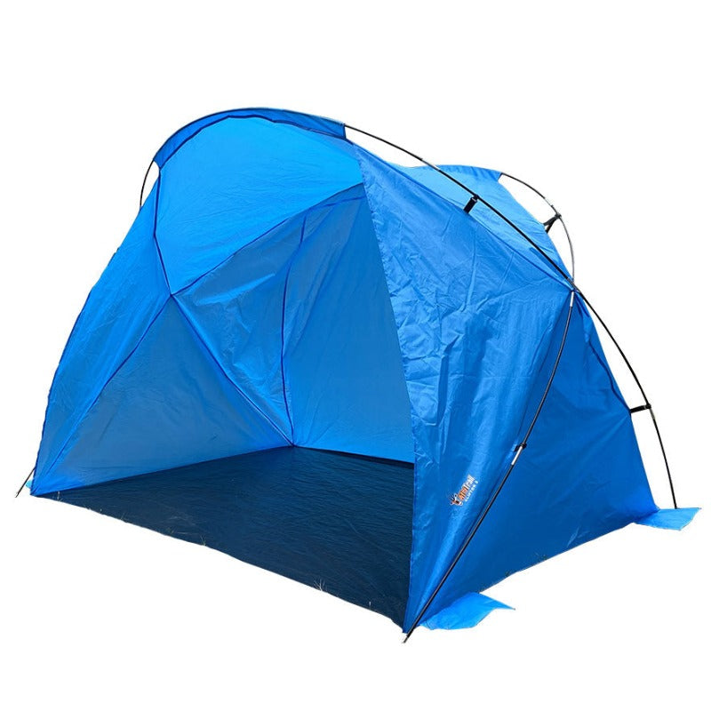 A blue AfriTrail Clifton Beach Shade tent with a visible brand logo on the side, set up outdoors.