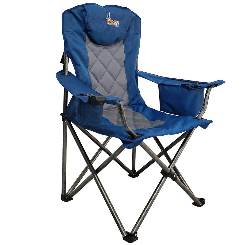 A blue AfriTrail Rhino Cooler Armchair with a high back, pillow, and armrests, set against a white background.