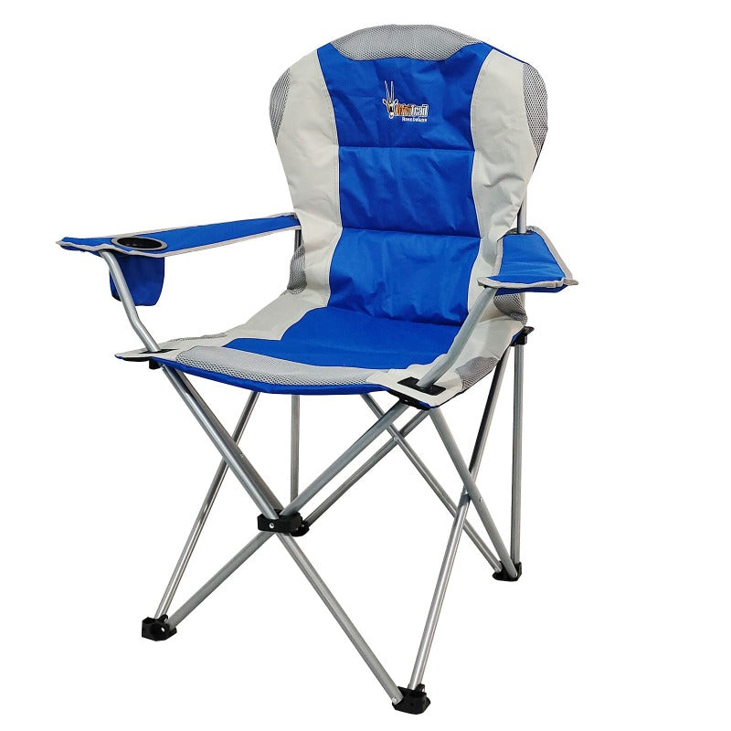 A blue and gray AfriTrail Roan Deluxe Padded Folding Armchair with a carry bag.
