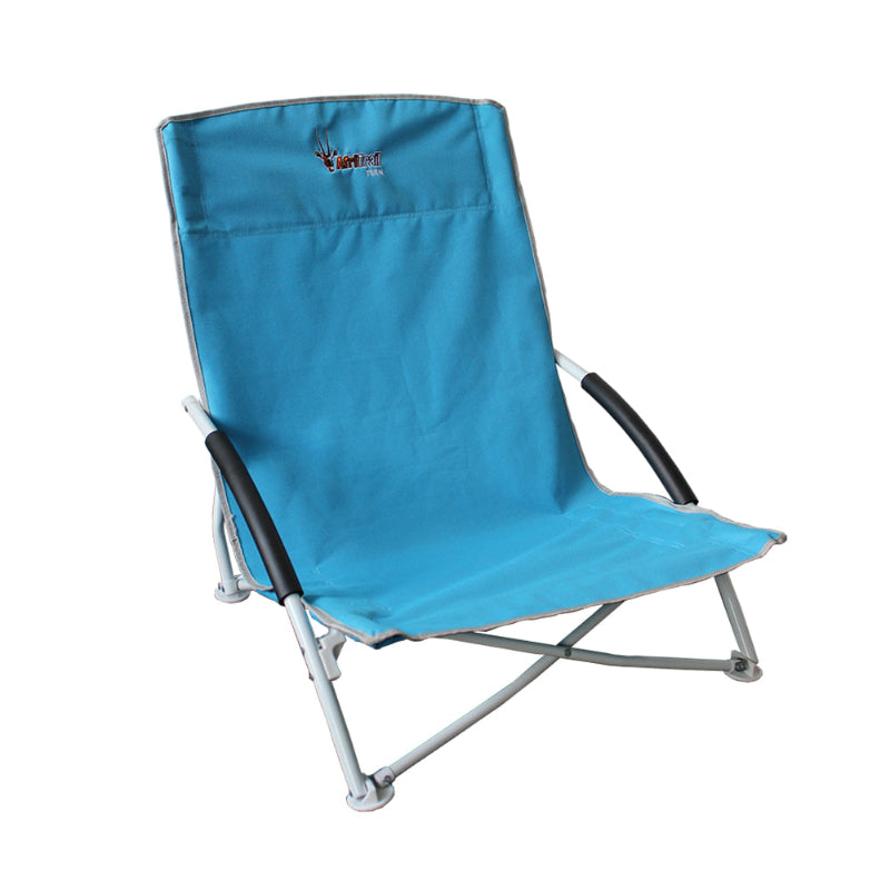 A blue AfriTrail Tern Beach Chair with a semi-high back, designed for outdoor use.