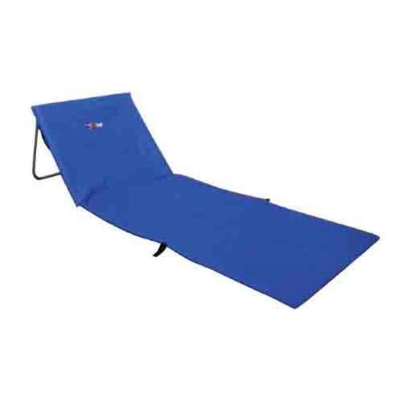 A blue AfriTrail beach lounger folding padded mat with a metal frame, laid out flat.