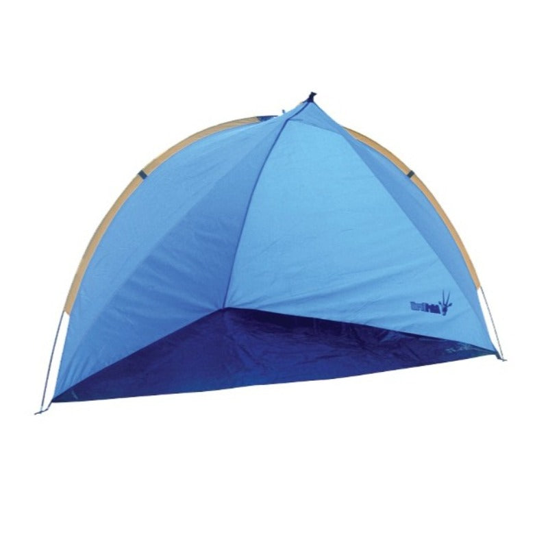 A blue AfriTrail Cabo Beach Shelter set up outdoors, providing shade with a sandy beach background.