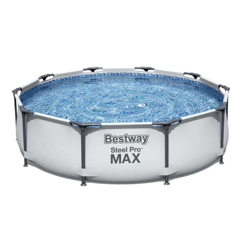 Above ground round swimming pool with blue water and a steel frame structure, including a gray exterior wall and black steel beams, with 'Bestway Steel Pro MAX' text visible on the side.
