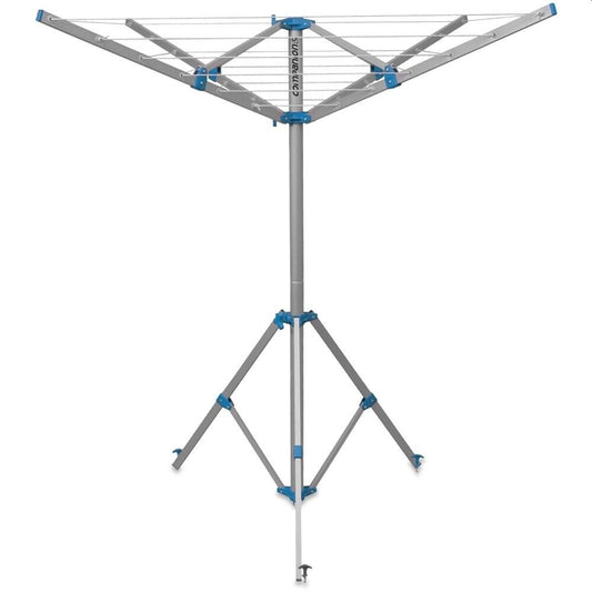 A collapsible 4-arm rotary clothes line with a wide base and metal screw down pegs, primarily in gray and blue colors.