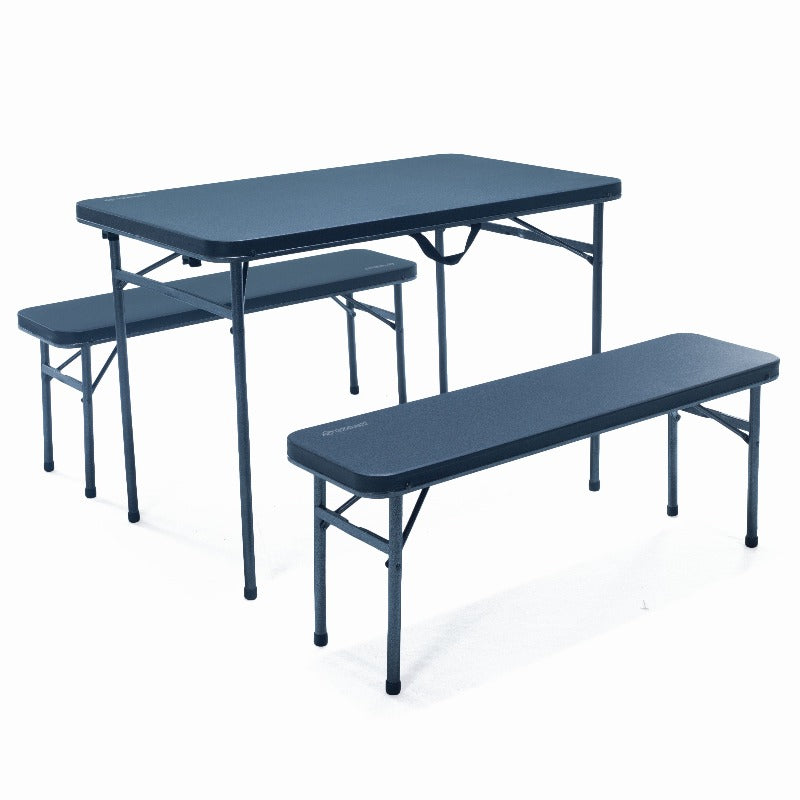 A 3-piece picnic set comprising of a rectangular folding table and two matching benches, all in gray color, with a steel frame.