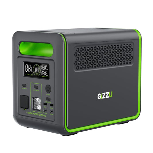 A black and green Gizzu HERO MAX 1024Wh UPS Power Station with digital display and multiple ports.