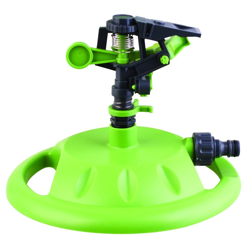 A green plastic base impulse sprinkler with black accents designed for garden watering.