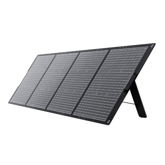 A black, foldable Gizzu 220W Universal Rugged Solar Panel set up against a white background.