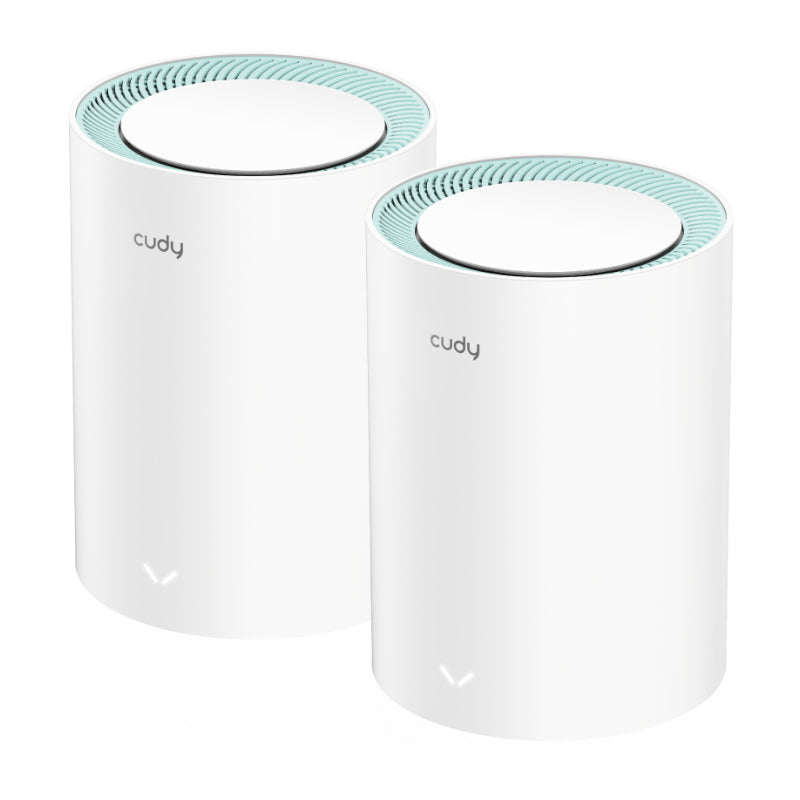 Two white Cudy wireless routers with status lights visible on the top.