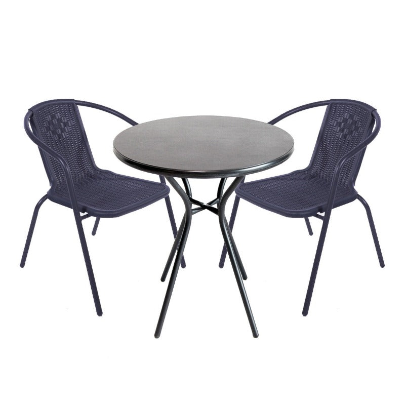 A 3-piece bistro set with a round polymer table and two blue bistro chairs with a weave pattern.