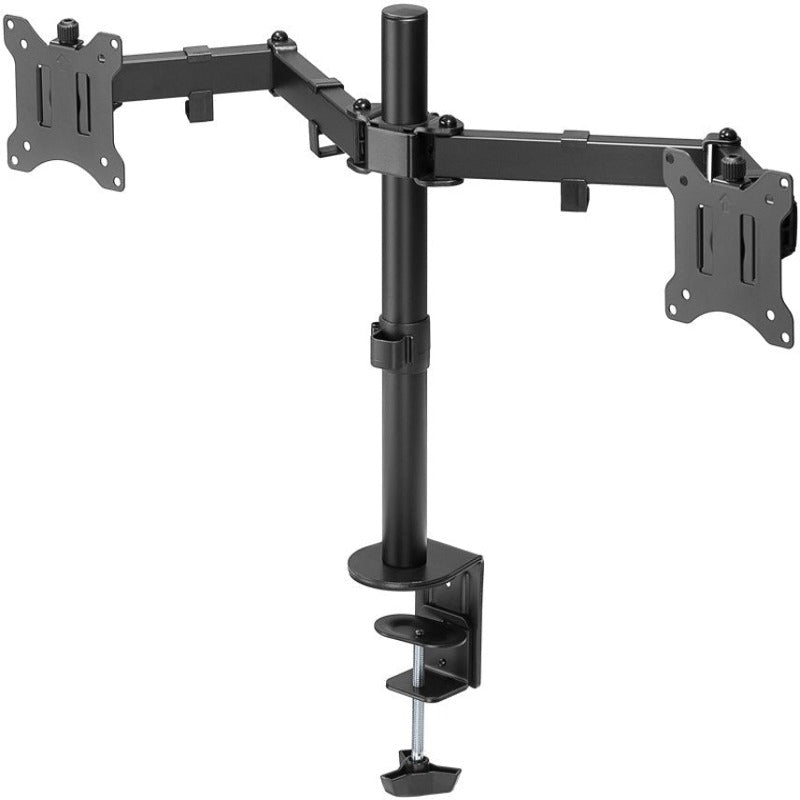 A black dual flex monitor mount with articulated arm and VESA mounting plates.