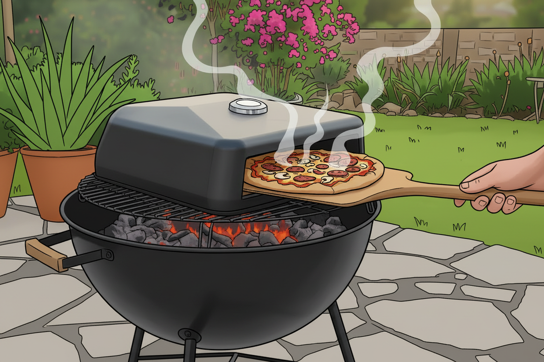 Person cooking pizza on a grill in a garden setting