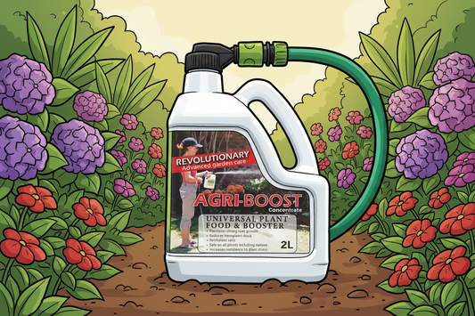 Agri-Boost universal plant food & booster container with garden hose in a colorful garden setting