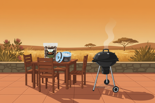 Cartoon illustration of a South African patio braai scene at golden hour — gro+ Eco-Balls Firelighters bag and Vleis & Ys 2.5L Thermo on a wooden outdoor table, with a black kettle braai beside it and protea shrubs in the background