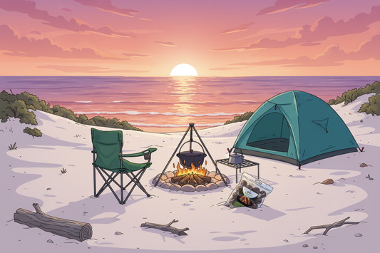 Camping scene with a tent, chair, gro+ Eco-Balls and campfire by the ocean at sunset.
