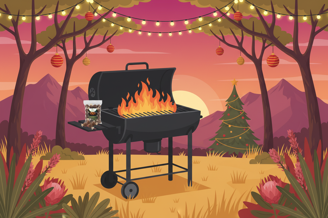 Barbecue grill with flames in a forest setting with trees, mountains, Eco-Balls Firelighters and a Christmas tree.