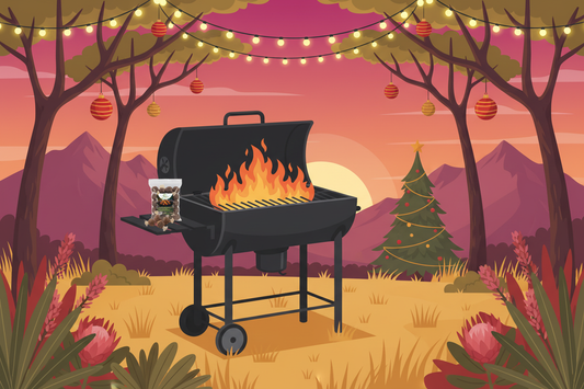 Barbecue grill with flames in a forest setting with trees, mountains, Eco-Balls Firelighters and a Christmas tree.