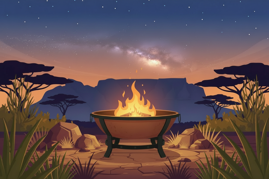 Fire pit in a desert landscape with stars and mountains
