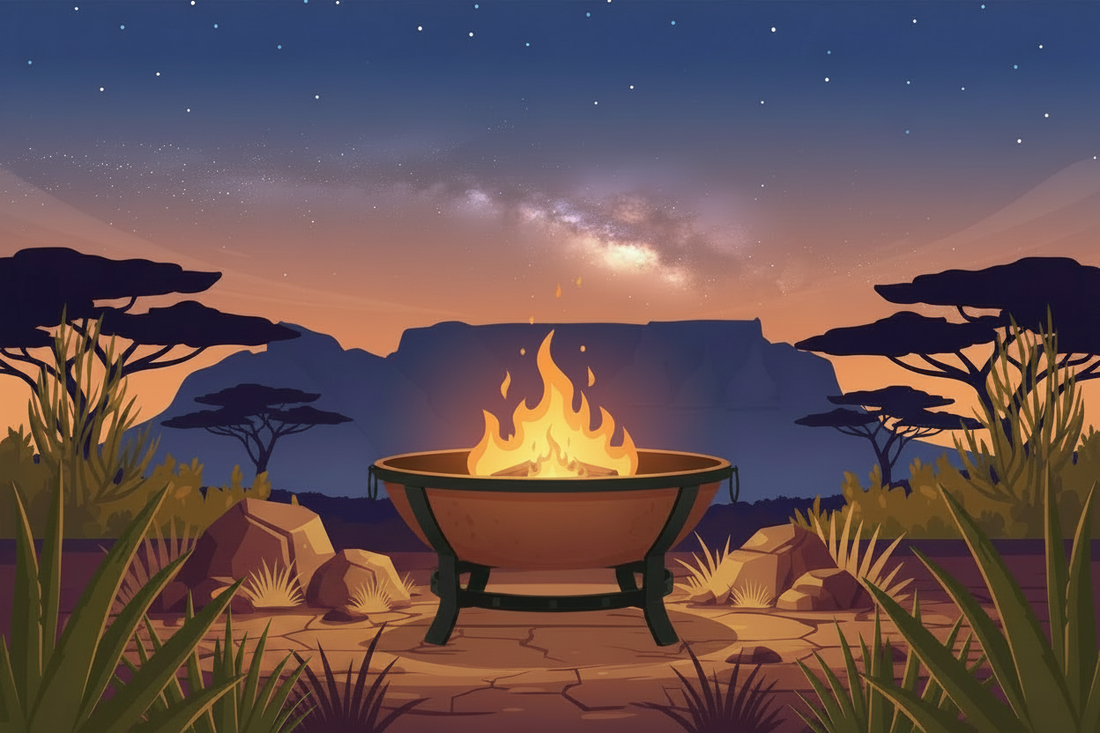 Fire pit in a desert landscape with stars and mountains