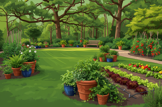 Illustration of a lush garden with various plants and a bench under a tree.