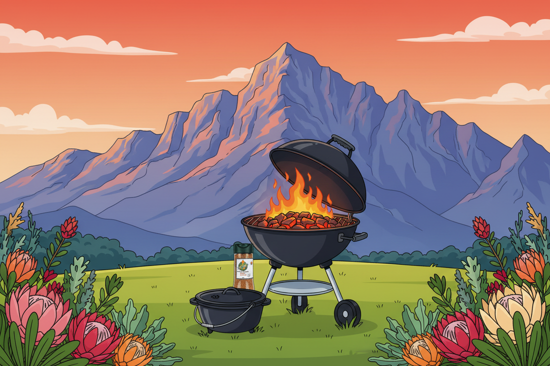 A cartoon-style outdoor scene showing a black kettle-style grill with flames, dutch oven and Gropples Potjie Seasoning, set in a grassy field with mountains and flowers in the background.