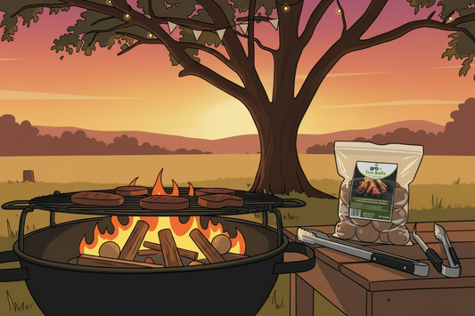 Barbecue grill with flames, a bag of gro+ Eco-Balls Firelighters, and utensils on a wooden table under a tree at sunset.