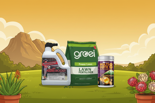 Three lawn care products displayed together: a white bottle of Agri-Boost, a green bag of Groei Power Lawn Fertiliser, and a canister of MultiCote 8, set against a stylized cartoon landscape with mountains, grass, and potted plants.